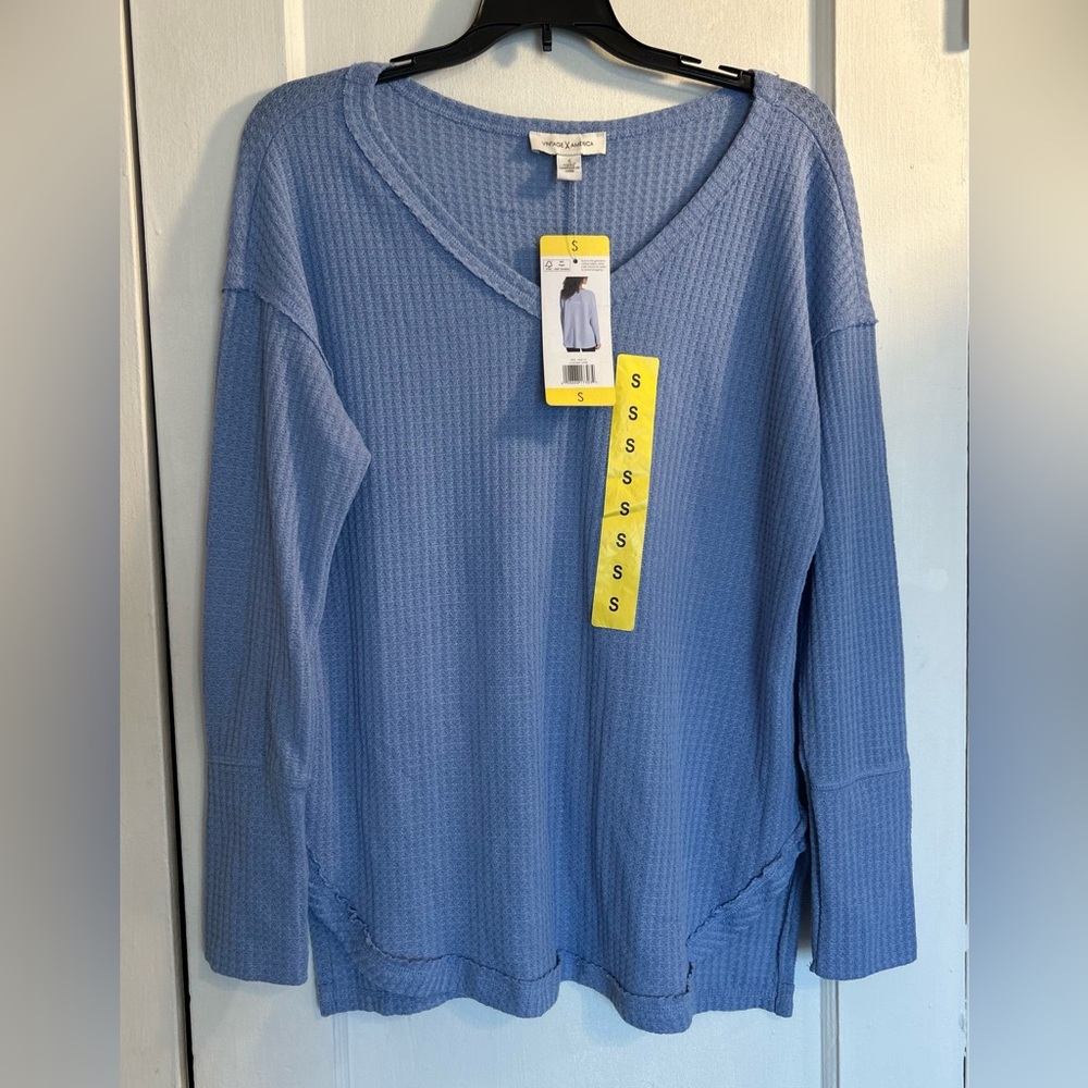 Vintage America Small Women’s Thermal Knit Top  Light Blue Waffle Pattern NWT